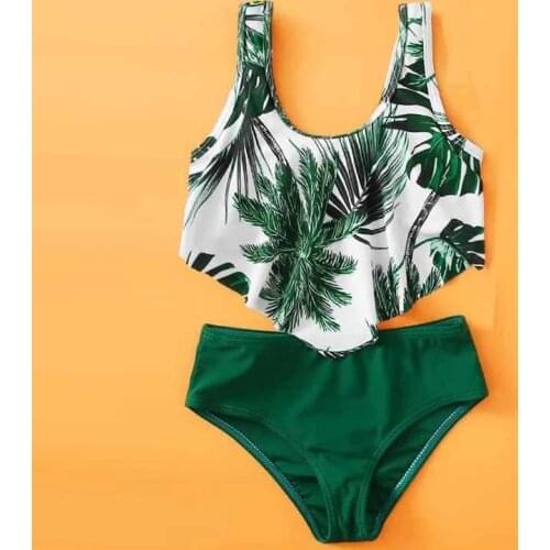 5-12 Years Swimsuit For Girls Two Piece Childrens Swimwear Green Leaves Print Fashional 2021 New Quick Dry Girls' Swimwear