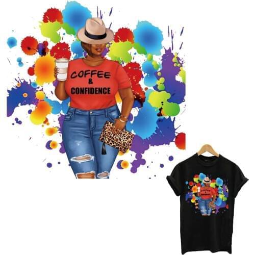 Coffe Black Girl Iron-On Transfer Sticker On Clothes DIY Washable Patches For Clothing Colorful African Girl Applique Decoration