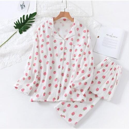 Fruit Print Cotton 2PCS Pajamas Suit Women Spring Autumn New Nightwear Casual Long Sleeve Shirt&Pant Home Wear Loose Sleepwear