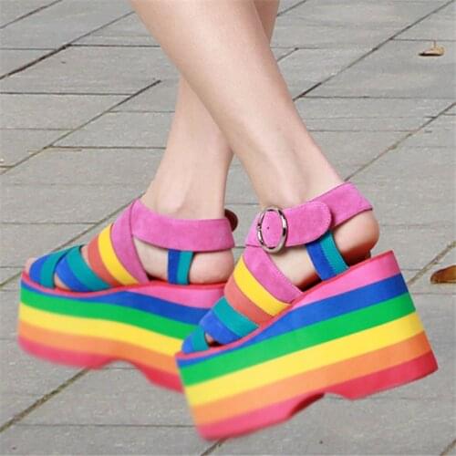 Colorful Rainbow Platform Shoes Woman Casual Gladiator Sandals Ladies Summer Beach Sandal Creepers Sandalias Mujer Wedges