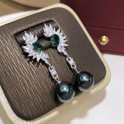 D524 Pearl Earrings S925 Sterling Silver Round 8-9mm Nature Fresh Water Peacock Green Black Pearls Drop Dangle Earrings