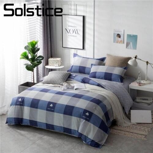 Solstice Home Textile Blue Plaid Duvet Cover Pillowcase Flat Bed Sheet Boy Kid Adult Bedding Set King Full Twin 3-4pcs Bed Linen