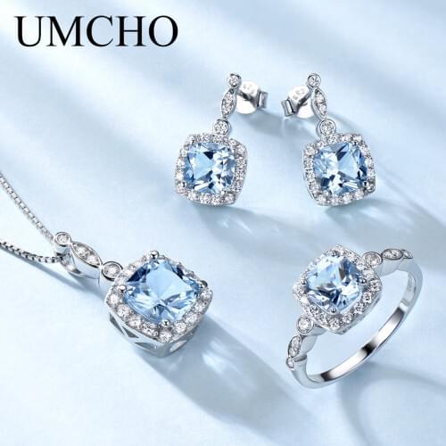 UMCHO 925 Sterling Silver Jewelry Set Sky Blue Topaz Ring Pendant Stud Earrings For Women Wedding Valentines Gift Fine Jewelry
