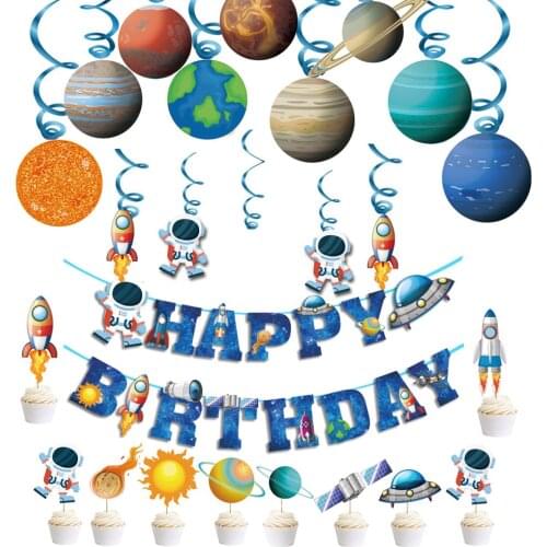 Outer Space Theme Balloons Astronaut Spaceship Party Birthday Decoration Banner Balloons Rocket Nine Planet Spiral Cake topper