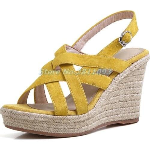 Suede Yellow Back Strap Wedges Platform Sandals Weave Open Toe Cut Out Rome Women Sandals Hollow New Arrivals Summer Sandals