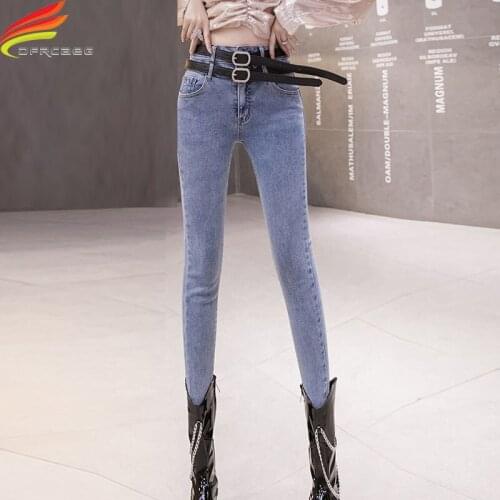 New 2020 Autumn Winter High Waist Skinny Jeans Woman Free Double Belt Denim Jeans Femme Korean Style Pencil Pants For Women
