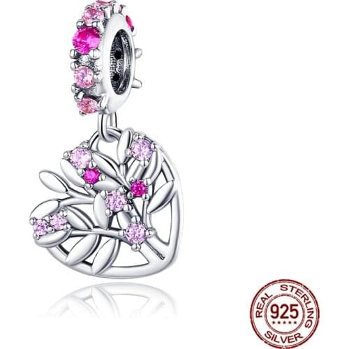 Authentic 925 Sterling Silver Pink Family Tree Pendant Fit Original 3mm Bracelet&Bangle Making Fashion DIY Jewelry For Women