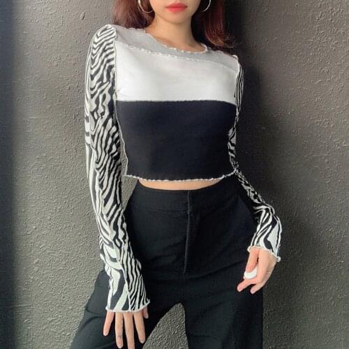 Womens Zebra Print Cropped Top Long-sleeved Round Neck Color-blocking T-shirt Slim Female Pullover Hip-hop High Street Wear