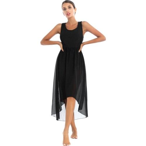 Womens Ballet Leotards Tutu Lyrical contemporary Dance Dress Sleeveless Lace Patchwork Chiffon Asymmetric Ruffles dance Costumes