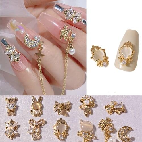 2pcs 3D Bow Flower Chain Pendant Metal Zircon Crystals Rhinestones Pearl Nail Art Jewelry Decorations Nails Accessories Charms