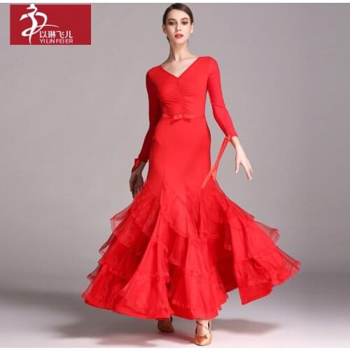 2017 New Ballroom Dance Competition Dresses Long-Sleeved Modern Dance Dress V-Neck Mermaid Costume Skirt Fishbone Dance Flamenco