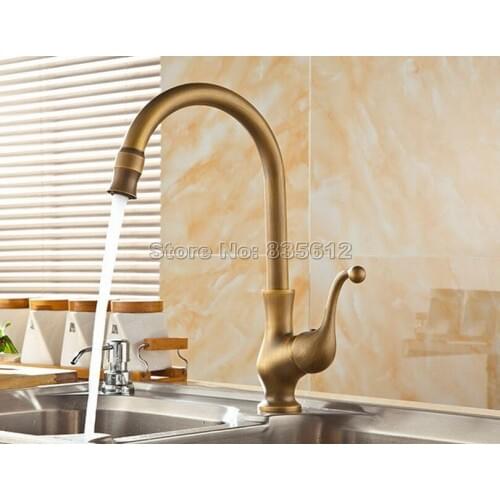 Antique Brass Gooseneck Style Kitchen Sink Faucet 360 Swivel Spout Vessel Sink Mixer tap Deck Mounted Single Hole Wsf110