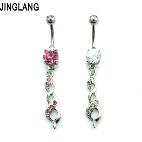 JINGLANG Brand New Fashion Belly Button Rings Stainless Steel Barbell Dangle 2 Style Rhinestone Branch Navel Piercing Jewelry