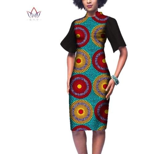 BRW New African Women Clothes Short Sleeve Patchwork Dress Straight Print Wax Dress Dashiki Long Knee-Length Dress WY3663