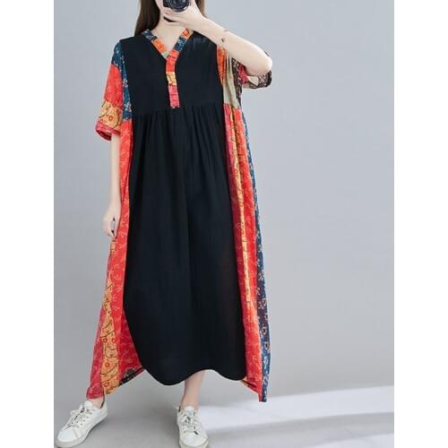 One-Piece Plus Size 4XL 5XL 6XL Maxi Dress For Women Oversize Indie Folk Cotton Linen Summer Dress Female Vintage Splicing Dress