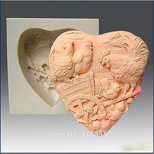 Soap Mold Country Chickens on Farmyard Heart Good Quailty Handmade Soap Molds Aroma Stone Moulds New Arrival 2D Silicone PRZY