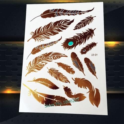 Hot Gold Metallic Temporary Feather Tattoo 20x15CM Women Henna Peacock Feather Flash Tattoo Sticker Waterproof Tattoo Sticker