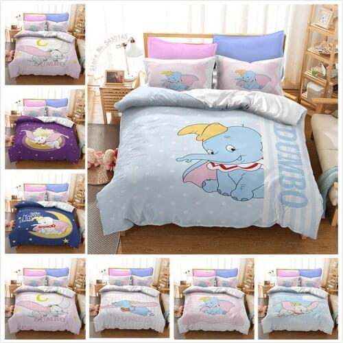Disney Childrens Bedroom Decoration Cute Dumbo Patterned Bedding Set Girl Duvet Quilt Cover Pillowcase Bedroom Decoration