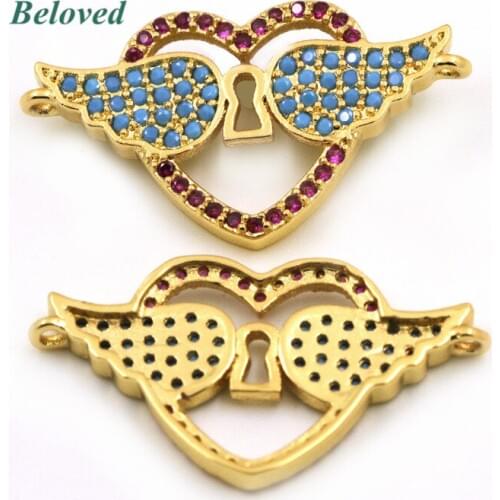 Micro Pave Turquoises CZ Zirconia Angel Wings Copper Connector, Heart Shape Bracelet Love Gifts Making Findings, BG18164