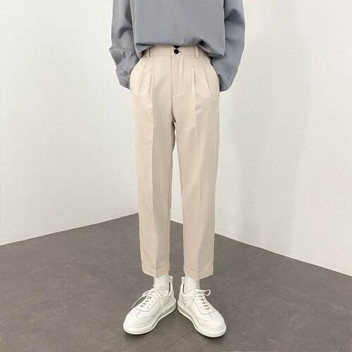 Solid High Waist Slim Suit Pants Men Korean Leisure Wrinkled Black Straight-leg Pants Men Retro Basic Loose Trousers Mens 2021