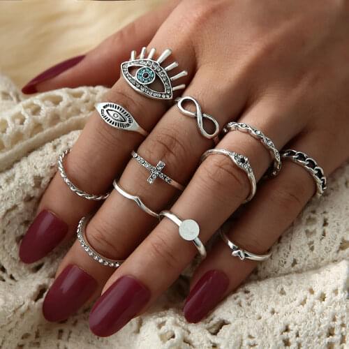 Boho Midi Finger Rings Set for Women Punk Eye Flower Hollow Out Sliver Knuckle Rings Jewelry Gift