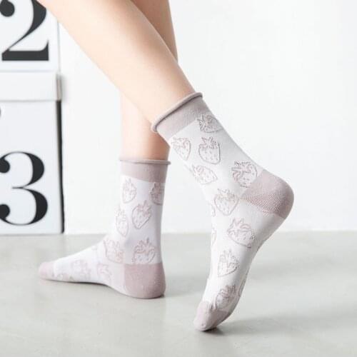 Socks Woman Strawberry Harajuku Style Korean Fashion Soft Girl Embroidery Pure Cotton Cute Cherry Crimping Stripe Calcetines