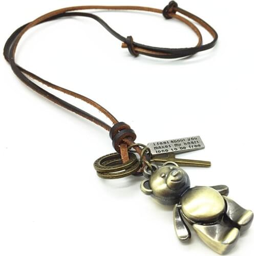 New Long Vintage Brown Casual Genuine Leather Bronze Alloy Hoops Cute Bear Pendant Men Necklace Women Male Wholesale Jewelry