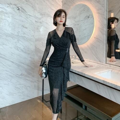Autumn Winter Black Casual Dress Women Long Sleeve See Through Ruffle Dress Women Corset Bright Silk Midi Runway Dress Ladies