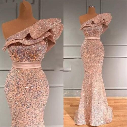 Candy Pink Mermaid Evening Dresses Ruffles Design Sequined Formal Prom Gowns Custom Made Second Reception Dress