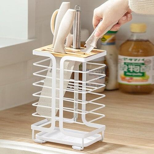 Stainless Steel Mesh Knife Stand With Water Tray Kitchen Knife Holder 8 Holes Wood Chef Knives Storage Rack Knife Block Supplies