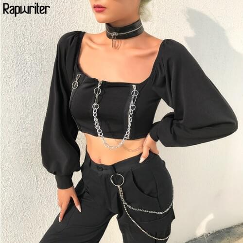 Rapwriter Gothic Chain Zipper Square Collar Long Sleeve Black T-shirt Women 2020 Streetwear Stretch Harajuku Short Tee Shirt