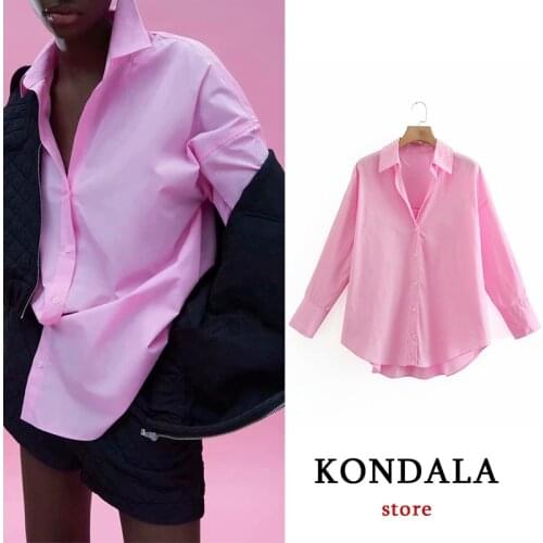 KONDALA Women Spring Shirts Za Chic Pink Solid Oversized Button Long Shirts Fashion 2021 V Neck Mujer Tops Casual Blouses