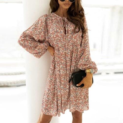 Loose Floral Print O Neck Lace Up Dress Autumn Women Casual Long Lantern Sleeve Female Mini Dress Holiday Boho Vestidos 2021