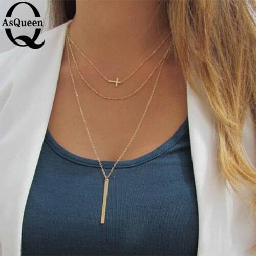 Retro simple copper beads chain alloy cross metal rod 3 layer Set Pendant Necklaces Bohemian jewelery