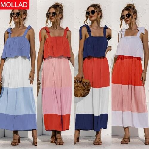 2021 Spring and Summer Cross-Border Womens Clothing Popular Tied Lotus Leaf Contrasting-Color Dress Women Summer Dresses