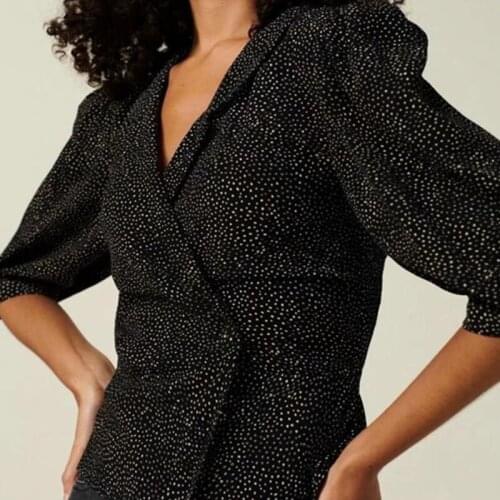 Vintage Notched Lapel Collar Puff Sleeve Shirt Fashion Dot Print Cross Waist Blouse Women One-piece Short Tops