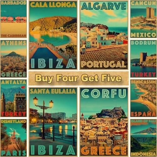 Vintage Travel Cities Poster Italy Chile Minimal Landscape Art Painting Cityscape Kraft Paper Posters Home Decor Wall Sticker