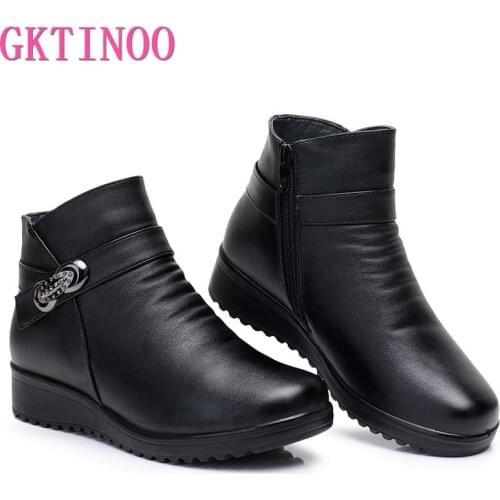 GKTINOO Fashion Winter Female Shoes Womens Leather Ankle Flat Boots Comfortable Thick Plush Warm Snow Boots Mother Booties