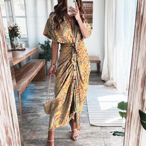 Elegant Floral Print Office Lady Bodycon Dress Women Sexy V Neck Short Sleeve Long Party Dress Spring Summer Slim Fit Maxi Dress