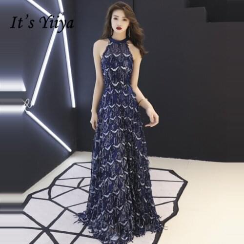 Its Yiiya Evening Dresses Navy Blue Sequins Tassel Evening Dress Elegant Sleeveless Formal Gowns Long robe de soiree LF085