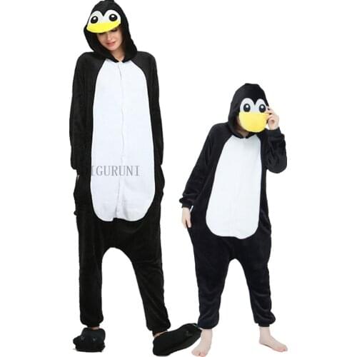 Winter Women Men Unisex Adults Cute Cartoon Penguin Animal Pajamas Female Flannel Sleepwear Pajamas Sets Kids Pyjamas Onesie
