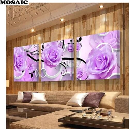 3PCS,Diamond Painting purple roses flower,Mosaic diamond,diy Handmade Cross Stitch square Diamond Embroidery Modern decor