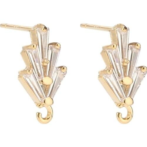 4pcs CZ Paved Ear Posts 15x8mm Real Gold Plated Brass Stud Earrings with Closed Loop