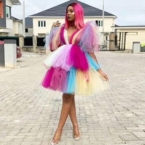 Fast Delivery Chic Tulle Prom Gowns Multi Color Fashion Mesh Women Puff Birthday Party Dresses Female Outfit Knee Length Popular