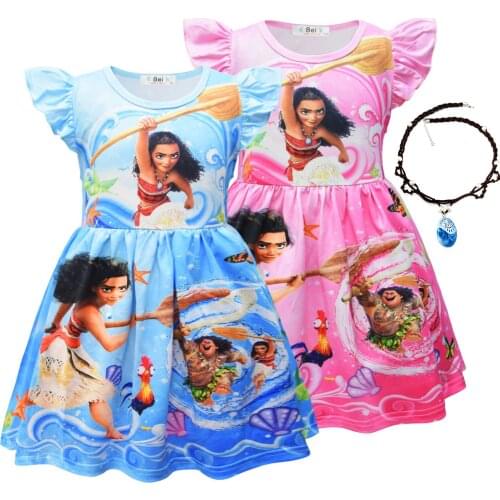 Girls Moana Cos Costume Kids Vaiana Princess Dress Clothes Necklace Birthday Gifts Baby Girl Halloween Flying Sleeve Vestidoes