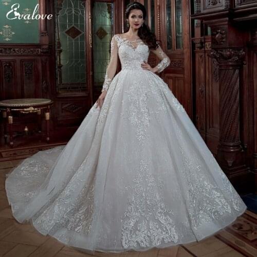 EVALOVE Elegant Scoop Neck Fulle Sleeve Ball Gown Wedding Dress 2021 Glamorous Appliques Beading Lace Court Train Wedding Gown