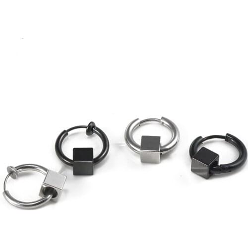 Korean Earrings Men Square Round Circle Titanium Steel Earrings For Men Hipster Punk Black Clip Earrings without piecing Jewelry