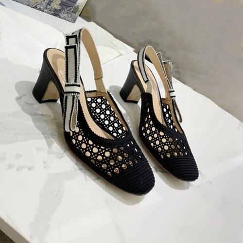 Summer womens high heels, luxury brand-name brand pointed toe womens sandals, casual net shoes with knitted holes