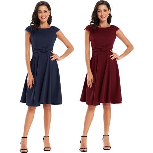 Fashion Women Short Sleeve Knee Length Dress Vintage Prom Gown Bow Fit And Flare Dresses Casual Party Swing A Line Skater Dress
