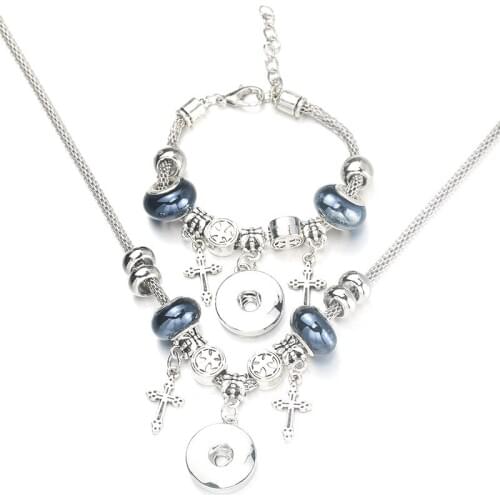 Snap Cross Necklace Bracelet Set Bead Pendant Hollow Chain Beaded Bracelet For 18mm Snap Fashion Party Jewelry 004